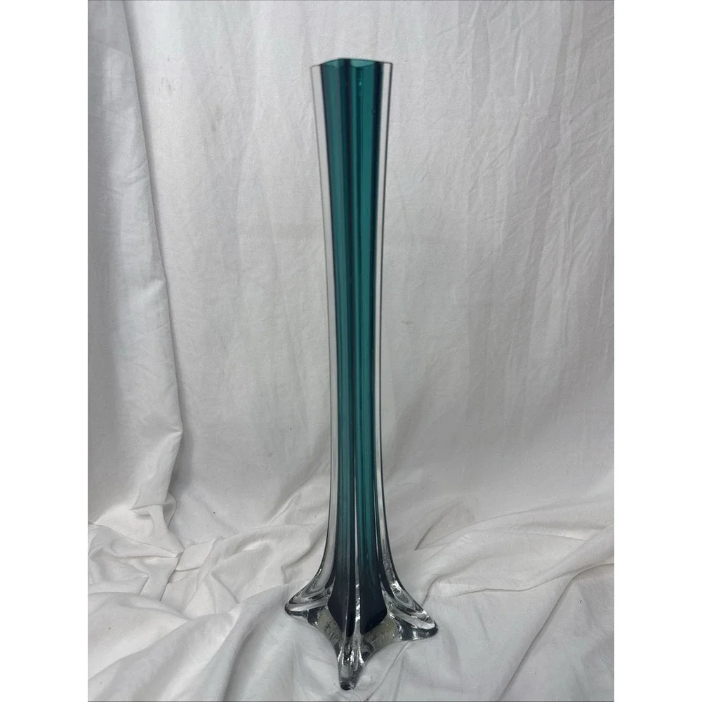 Vintage MCM Teal Sommerso Bud Table Floor Eiffel Tower Vase 16